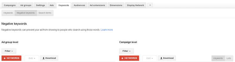 Adding negative keywords into Google AdWords